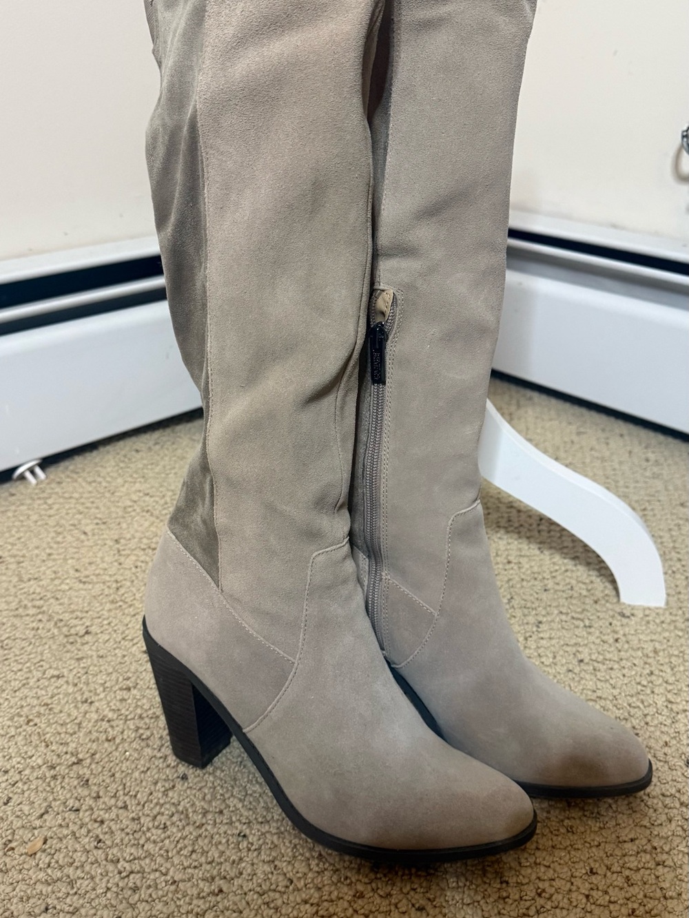Reaction Kenneth Cole Tall Suede-Look Block Heel Boots in Taupe